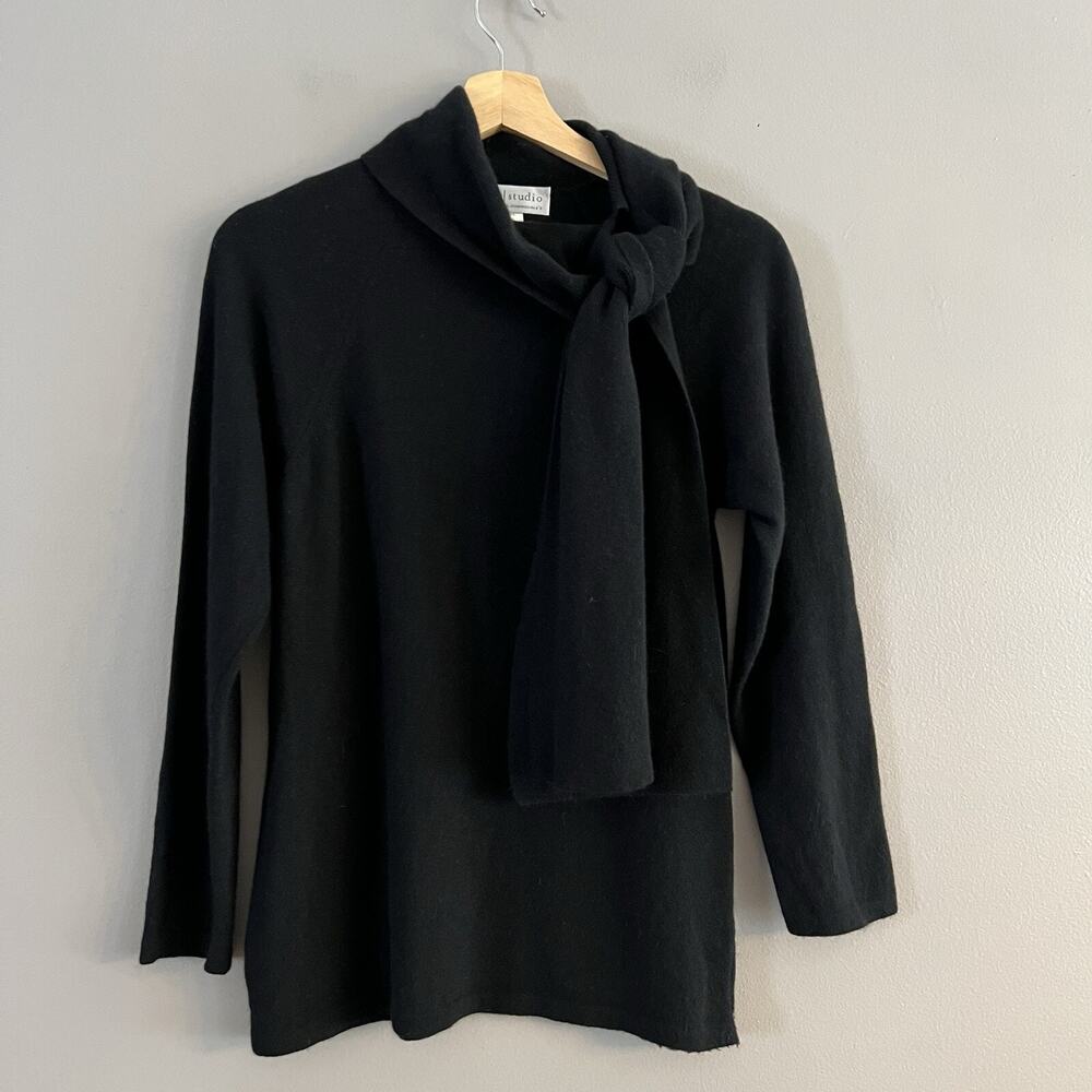 Sutton Studio Womens Wool Blend Mock Neck Tie Beck Black Medium